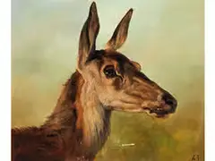 Kopf Einer Hirschkuh Nach Rechts vor Grünem Hintergrund by Ludwig Voltz, oil on board, sold Apr 2016