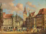 München, Marienplatz und Altes Rathaus by Heinz Scholtz, oil on copper, sold Mar 2024