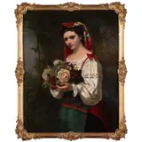 Portrait de jeune fille au panier fleuri by Adolphe Étienne Piot, Huile sur toile, sold Jul 2024