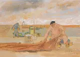 Sur le port de Quiberon by Alphonse Lanoë, 1973, gouache, sold Sep 2016