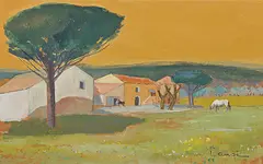 Bauernhof mit Pferd by Alphonse Lanoë, gouache, sold Sep 2016