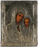 Russisch, um 1900 by Gottesmutter von Kasan mit Silberoklad, tempera, offered Sep 2016