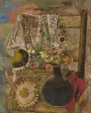 Stillleben mit Blumen und Spitzendecke by Margherita Osswald-Toppi, oil, offered Sep 2016