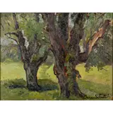 Untitled (Trees) by Donna N. Schuster, oil on board, sold Dec 2023