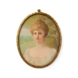 Portrait of a lady wearing a white dress, her hair upswept, parkland background with house and deer Signed A by Adolphe de Bathe, Watercolour on ivory, offered Mar 2020