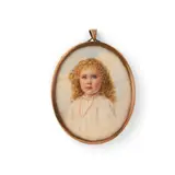 Portrait of a girl in white dress, a coral necklace and a blue ribbon in her hair Watercolour on ivory Signed verso E by E. A. G. Colles, Watercolour on ivory, offered Mar 2020