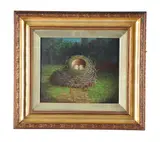 Birds nest with speckled eggs Oil on canvas Signed and dated lower right 26 x 31cm (10 x 12 in.) by Abel Hold, Oil on canvas, sold Dec 2019