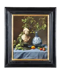 Still life of blue and white vase and sculpture Oil on canvas laid to board Signed lower right 54 x 43.5cm (21¼ x 17 in.) by Daniel Graves, Oil on canvas laid to board, sold Dec 2019