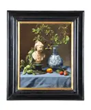 Still life of blue and white vase and sculpture Oil on canvas laid to board Signed lower right 54 x 43.5cm (21¼ x 17 in.) by Daniel Graves, Oil on canvas laid to board, sold Dec 2019