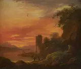 Moonlit landscape Oil on panel Signed lower left 23 x 28cm (9 x 11 in.) by Abraham Pether, Oil on panel, sold Dec 2019