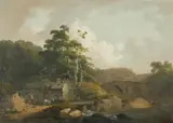 Horse and cart with figures outside a cottage in a river landscape Oil on canvas Signed and dated 1797 lower right 30.5 x 43cm (12 x 16¾ in.) by John Rathbone, 1797, Oil on canvas, sold Dec 2019