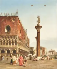 Outside the Doge's palace Oil on canvas Signed lower right 60 x 49.5cm (23½ x 19¼ in.) by Edward Pritchett, Oil on canvas, sold Dec 2019
