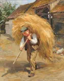Carrying the hay Oil on board Signed and dated 1904 lower right 38.5 x 31.5cm (15 x 12¼ in.) Please Note: This lots is oil on canvas-board by Ralph Hedley, 1904, Oil on board, sold Dec 2019