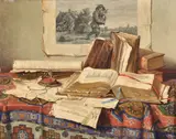 Still life with books Oil on panel Signed lower right 39.5 x 50cm (15½ x 19½ in.) Provenance: Sale, Schuler Auctions, Switzerland, 20 March 2017, lot 6732 by Josef Jurutka, Oil on panel, sold Dec 2019