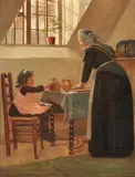 Making blackberry pie Oil on board Signed and dated 1885 lower right 40.5 x 30.5cm (15¾ x 12 in.) by Edith Hayllar, 1885, Oil on board, offered Dec 2019