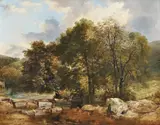 Fly fishing Oil on canvas Signed and dated 1844 lower right 71 x 91cm (27¾ x 35¾ in.) Provenance: Walter Scott of Eckington Manor, 1970 by Frederick Richard Lee, 1844, Oil on canvas, sold Dec 2019