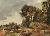 Barges on a river Oil on board 24.5 x 33.5cm (9½ x 13 in.) Provenance: Johnathan Cooper, Park Walk Gallery, London by Frederick William Watts, Oil on board, sold Dec 2019