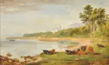 A view of Dunrobin castle with longhorns resting in the fo by James Giles, Oil on board, sold Dec 2019