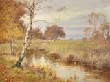 View of Tillingbourne at Abinger Hammer in Autumn Oil on canvas Signed lower right 46 x 61cm (18 x 24 in.) by Edward Wilkins Waite, Oil on canvas, sold Dec 2019