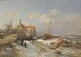 Mother and child outside a cottage on a frosty by Pieter Kluyver, Oil on panel, sold Dec 2019