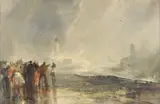 Crowds gather with stormy seas and lighthouse beyond Oil on canvas Signed lower left 61.5 x 91.5cm (24 x 36 in.) by Frank Wasley, Oil on canvas, sold Dec 2019