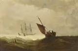 Seascape with Man O'War and fishing boats Oil on canvas Signed lower right 29 x 45cm (11¼ x 17½ in.) by William Adolphus Knell, Oil on canvas, offered Dec 2019