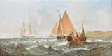 Fishing off the coast, Day; Dusk Oil on canvas, a pair One signed and indistinctly dated lower left Each 20.5 x 40.1cm (8 x 15¾ in.) (2) by William Callcott Knell, Oil on canvas, a pair One signed and indistinctly dated lower left Each, sold Dec 2019