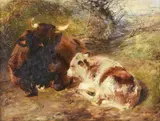 Recumbent cow and calf Oil on board Signed and dated 1855 lower right 30 x 40.5cm (11¾ x 15¾ in.) by William Huggins, 1855, Oil on board, sold Dec 2019