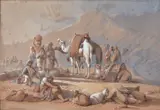 Caravan at rest Watercolour with white heightening Signed and dated 1865 lower left 54 x 77cm (21¼ x 30¼ in.) by Joseph Austin Benwell, 1865, Watercolour with white heightening, sold Dec 2019