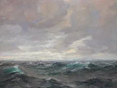 Schooner in Rough Seas Oil on canvas Signed lower right 77 x 102cm (30¼ x 40 in.) by Julius Olsson, Oil on canvas, sold Oct 2019