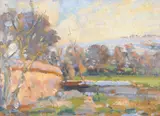Snow on the Downs, Stratford Tony, Wiltshire Oil on board With artist's stamp lower right, numbered 344, bears inscription to backboard 31 x 41cm (12 x 16 in.) by Wilfred Gabriel De Glehn, Oil on board, offered Oct 2019