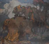 Sunlit landscape with hayrick by Frank Brangwyn, Oil on canvas, sold Oct 2019