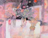 Table Top Flowers Mixed media on paper Signed lower right 78 x 100cm (30½ x 39¼ in.) Provenance: The Open Eye Gallery, Edinburgh by Sandy Murphy, Mixed media on paper, sold Oct 2019