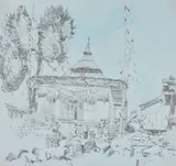 Tibetan Shrine Pencil and crayon, heightened with white on blue paper 49 x 52cm (19¼ x 20¼ in.) † by John Nankivell, Pencil and crayon, heightened with white on blue paper, offered Oct 2019