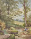 Boy fishing on the banks of a river Watercolour Signed lower left 30.5 x 24cm (12 x 9¼ in.) by E. Lancaster, Watercolour, offered Oct 2019