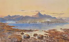 Highland loch with mountainous landscape beyond Watercolour Signed and dated 1888 lower left, with Althorp collector's stamp lower right 23 x 39cm (9 x 15¼ in.) by Herbert Moxon Cook, 1888, Watercolour, offered Oct 2019