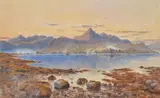 Highland loch with mountainous landscape beyond Watercolour Signed and dated 1888 lower left, with Althorp collector's stamp lower right 23 x 39cm (9 x 15¼ in.) by Herbert Moxon Cook, 1888, Watercolour, offered Oct 2019