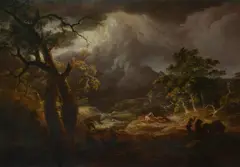 A stormy river landscape by Thomas Sautelle Roberts, Oil on canvas, sold Jul 2019