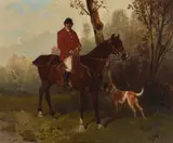 Huntsman on horseback Oil on panel Signed with monogram lower right 14.5 x 17cm (5½ x 6½ in.) Provenance: Sale, Christies, 22 November 2001, Lot 78 by Hans Johann Haag, Oil on panel, offered Jul 2019