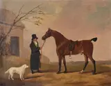 Horse and groom with dog in a landscape by Edwin Cooper, Oil on canvas, sold Jul 2019
