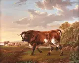 Bull and other cattle in landscape Oil on panel Signed with initials to the middle right edge 21 x 27.5cm (8¼ x 10¾ in.) by Charles Towne, Oil on panel, sold Jul 2019