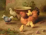 Chickens and their chicks in a farmyard by Edgar Hunt, Oil on canvas, sold Jul 2019