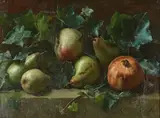 Still life of pears, an apple and pomegranate amongst ivy Oil on canvas Signed and indistinctly dated 1866[] lower right 30.5 x 41cm (12 x 16 in.) by Arthur Potter, 1866, Oil on canvas, sold Jul 2019