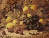 Still life of grapes, apples, raspberries and gooseberries Oil on canvas Signed lower right 20 x 25.5cm (7¾ x 10 in.) by Oliver Clare, Oil on canvas, offered Jul 2019