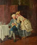 The secret; The letter, a pair Oil on panel Each signed lower right, the former indistinctly dated 80 28 x 22cm (11 x 8½ in.) (2) by James Moulton Burfield, Oil on panel Each signed lower right, the former indistinctly dated, sold Jul 2019