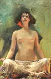 Oriental with sword Oil on canvas Signed lower right 138 x 89cm (54¼ x 35 in.) by Bruno Piglhein, Oil on canvas, sold Jul 2019