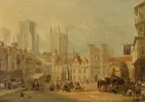 View of The Market Square, Wells, with the cathedral beyond Oil on board Signed and dated 1838 lower left 35 x 51cm (13¾ x 20 in.) by Henry Gritten, 1838, Oil on board, sold Jul 2019
