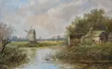 Boating on the river; Windmill by the river Oil on board, a pair Signed lower right and lower left respectively Each 15 x 23cm (5¾ x 9 in.) (2) by Joseph Thors, Oil on board, a pair, sold Jul 2019