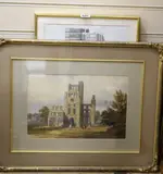 Ruins of Kelso Abbey, inscribed verso, 23 x 35cm, an engraving of ruins and another entitled 'The Blessing by John Dobbin of Darlington, watercolour, sold Aug 2021