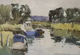Moored boats along a river by Edward Wesson, watercolour, sold Aug 2021
